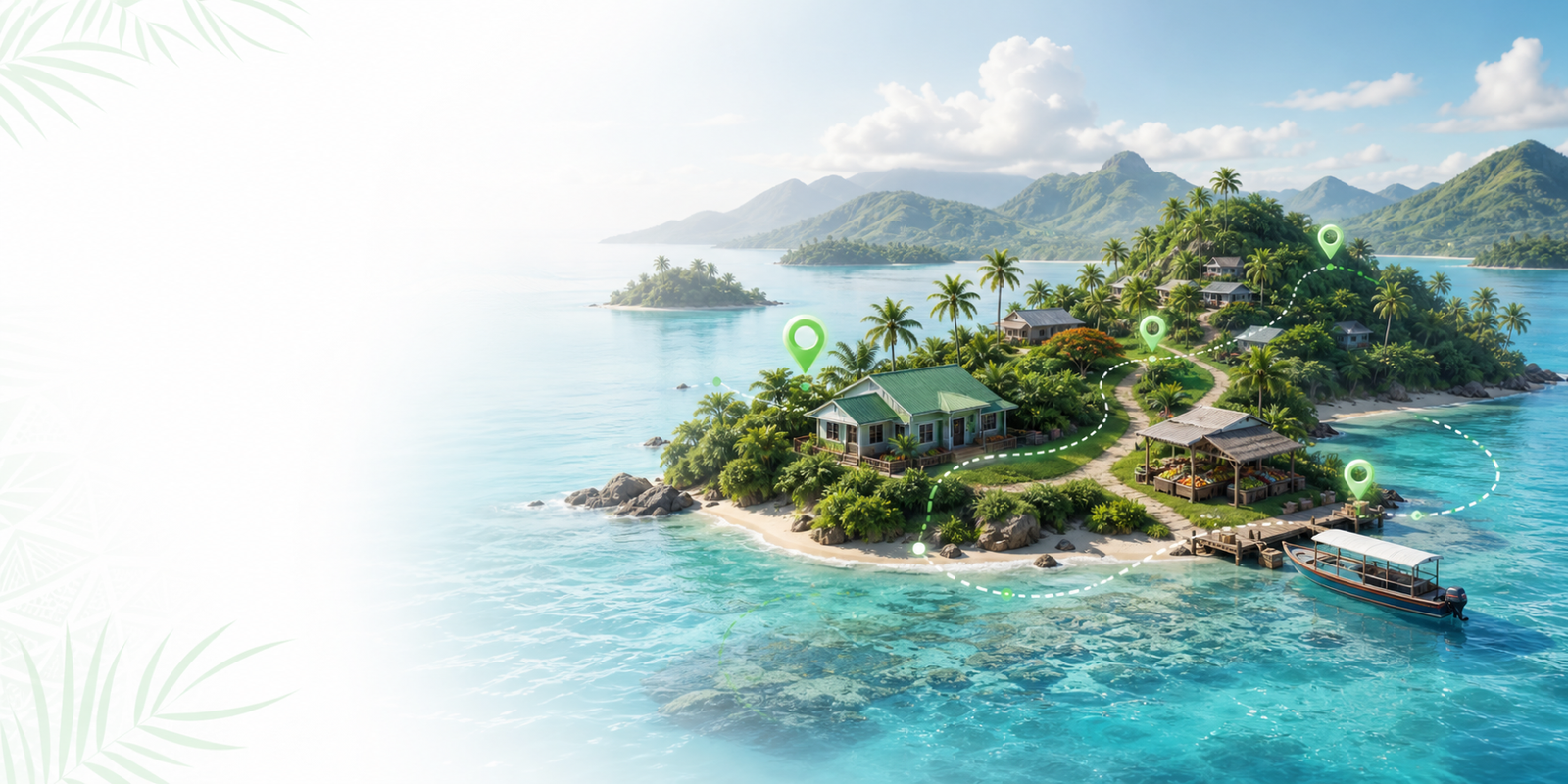 A Fiji island community illustration with connected household, market, and boat spending touchpoints.